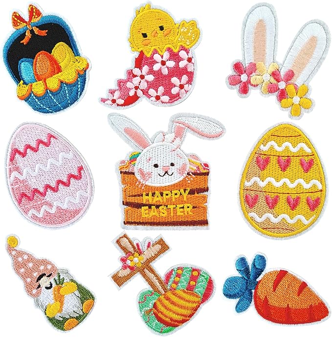 WILDREEDS 9 Pieces Assorted Styles Easter Iron on Patches, Embroidered Patch for Clothing, T-Shirt, Backpacks, Hats, Jeans, Jackets