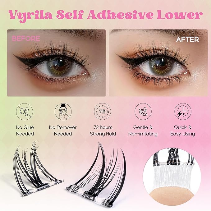 VYRILA Self Adhesive Bottom Lashes, Pre Glued No Glue Lower Lash Clusters, Ultra Thin Invisible Band, Natural Wispy Under Lash Extensions, Easy Apply for Beginners(PG-ZE93-6-7mm)