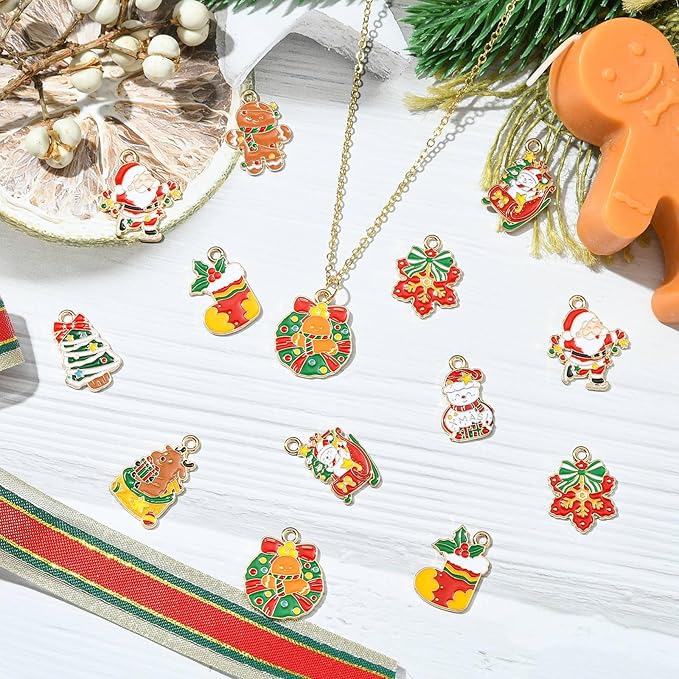 Stiesy 40 Pcs 10 Styles Christmas Theme Enamel Pendants Golden Plated Santa Claus Christmas Wreath Snowman Shape Dangle Charms Bulk for DIY Jewelry Making Necklace Bracelet Craft