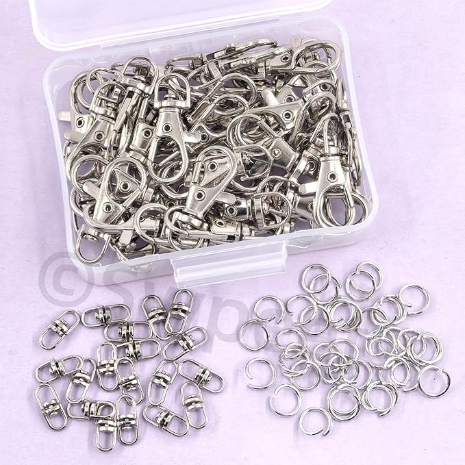 Swpeet Assorted 150Pcs Silver Keychain Making Kit, 50Pcs Swivel Lobster Claw Clasps, 50Pcs Rotating 8-Shaped Buckle Claw Clasp, 50Pcs Jump Ring, Swivel Trigger Hook, Swivel Clasps Lanyard Snap Hook