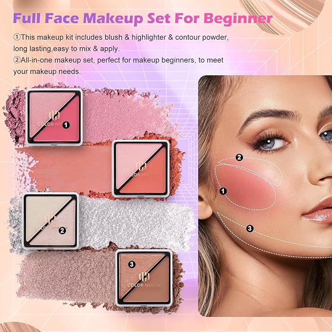 Color Nymph Girls Makeup Kit for Teen | Full Starter Cosmetics Makeup Set With Train Case | Included 32 Colors Eyeshadow, Bronzer, Contour Powder, Blush, Highlighter, Lip Gloss (Pink)