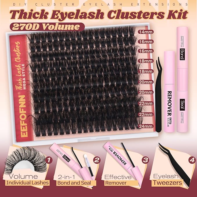 Fluffy Lash Clusters Kit Dramatic 270D Cluster Eyelash Extensions Kit 14-24mm Long Eyelash Clusters Kit Thick Volume Individual Lashes Bond and Seal Remover Tweezers Mega Lash Extension Kit by Eefofnn