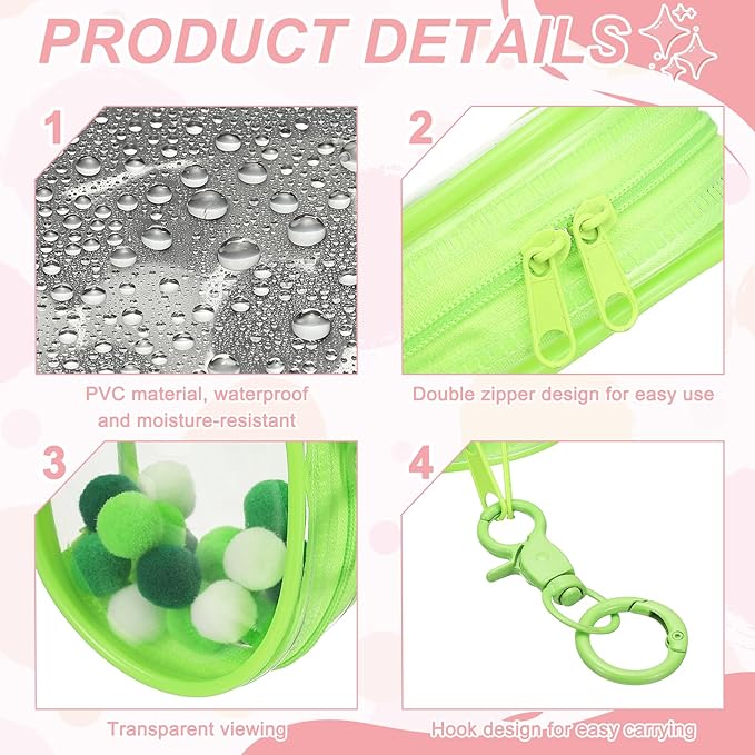 uxcell 4 Inch Clear Figure Display Bag, Mini Clear Pouch Waterproof Coin Pouch with Keychain and Pom Poms for Blind Box Doll Display (Round, Light Green)