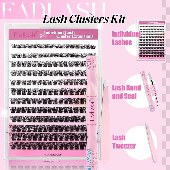 FADLASH Lash Extension Kit Fluffy Lash Clusters 0.07 D Curl Mixed Tray Wispy Eyelash Clusters with Lash Bond and Seal Lash Tweezer Diy Lash Clusters Kit for Beginners at Home(C3-0.07D, 8-16mm Kit)
