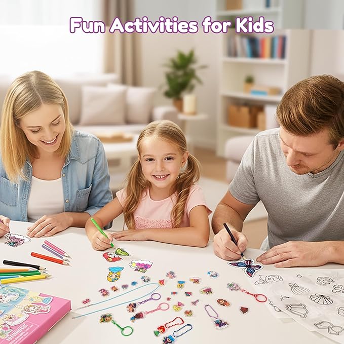 Auihiay DIY Shrinking Art Kit for Kids, 48Pcs Pre-Cut Charms, Unicorn, Princesses Shapes, No Mess Creative Activity Jewelry Making Shrinky Art Kit with Pencils, Keychains, and Cartoon Stickers