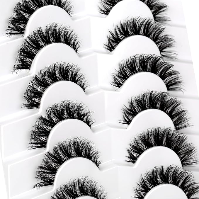 Pooplunch False Eyelashes Natural Clear-Band Cat Eye Look Extensions Volume Cluster Lash Wispy Short Fake Eyelashes Faux Mink Strip Lashes 7 Pairs Pack