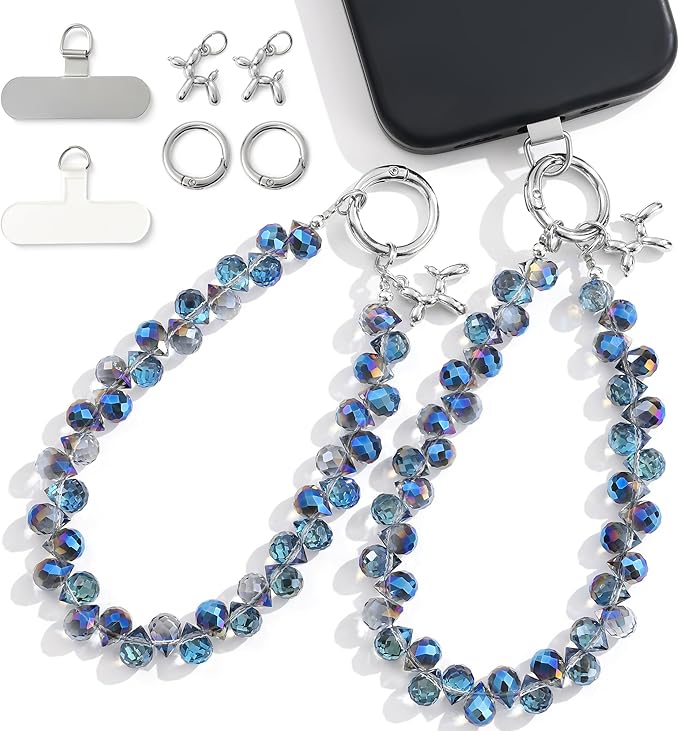2pcs Crystal Phone Wrist Strap Phone Charm Chain Keychain Beaded Cellphone Lanyard with Tether Tab Hands-Free Wristlet Bracelet Wrist Grip Strap for Women, D-Light Blue