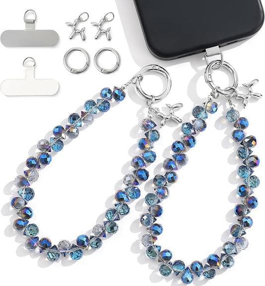 2pcs Crystal Phone Wrist Strap Phone Charm Chain Keychain Beaded Cellphone Lanyard with Tether Tab Hands-Free Wristlet Bracelet Wrist Grip Strap for Women, D-Light Blue