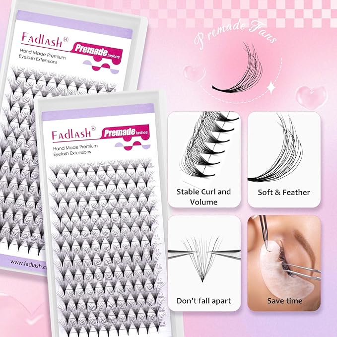 FADLASH Premade Lash Fans Double Layers Fluffy Premade Fans Eyelash Extensions 0.07 Thickness C Curl 10D Volume Lashes Premade Easy Fan Lashes (10D-0.07-C, 8-14mm Mix)