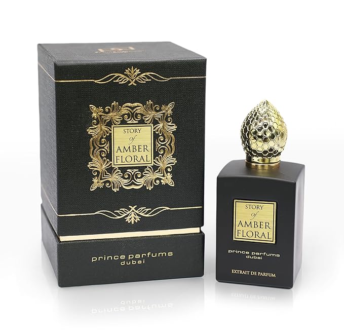 The Story of Amber Floral by Prince Parfums Dubai - 3.4 Ounces Women's Extrait de Parfum - Enchanting Essence of White Florals, Jasmine, & Bulgarian Rose - Luxurious Vanilla & Sandalwood Symphony