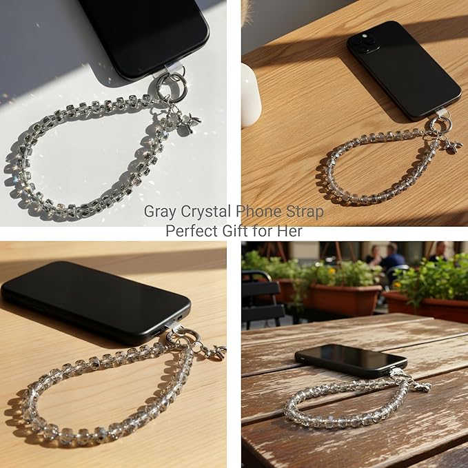 Crystal Phone Wrist Strap Phone Charm Chain Keychain Beaded Cellphone Lanyard with Tether Tab Hands-Free Wristlet Bracelet Wrist Grip Strap for Women, W-Gray