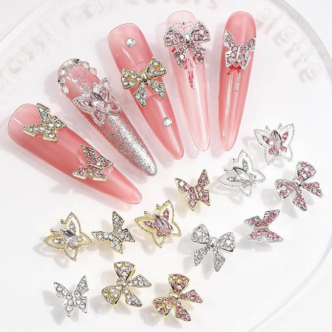 24PCS Nail Charms Y2k Alloy Nail Art Rhinestone Charms 3D Heart Bow Butterfly Charm with Rhinestones Cherry Nail Gems Shiny Jewelry Nail Decorations Accessories Supplies (SG)