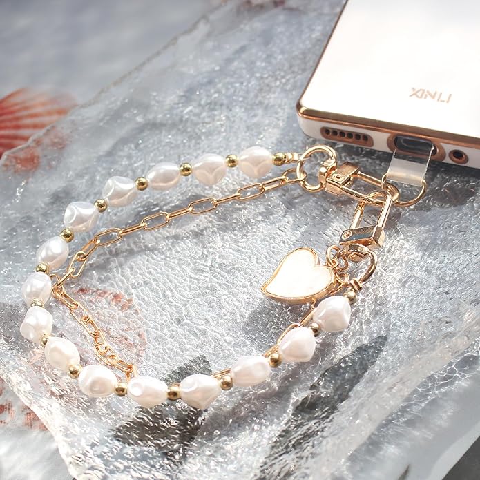 Pearl Beaded Phone Charm Wrist Strap,Cute Bracelet Wristlet Lanyard,Gold Double Chain for Phone Case,Purse Bag Wallet