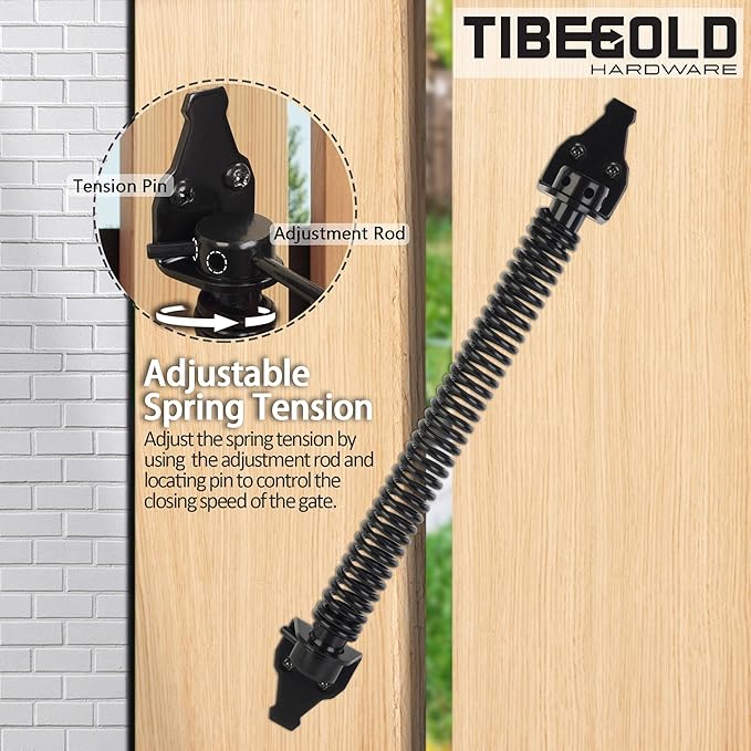 14" Gate Spring Self Closing, Heavy Duty Black Door Closer Spring, Adjustable Tensioner Automatic Outdoor Gate Closure, Gate Spring Hardware for Wooden and Vinyl Fence, 2 Pack