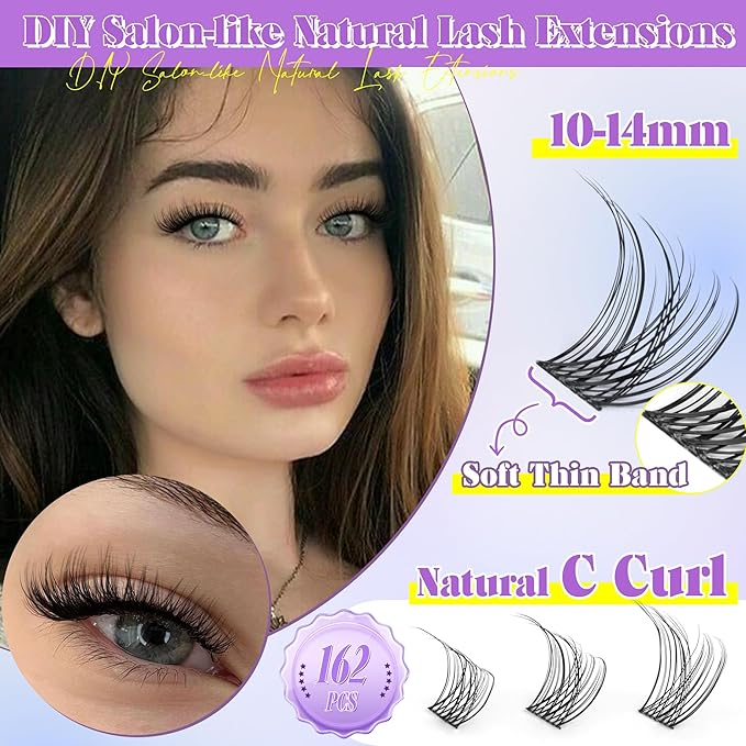 ALICE Wispy Lash Clusters Kit, Natural Lash Extension Kit Cluster Eyelash Extension Kit, 162pcs C-Curly 10-14mm Eyelash Clusters with Lash Glue Bond and Seal Tweezers