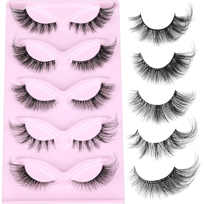 Cat Eye Lashes Fairy Eyelashes Wispy Full False Eyelashes Fox Strip Fake Eyelashes 5 Styles Mixed Fuzzy Mink Lashes with Long Tail Eye Lashes Pack 5 Pairs