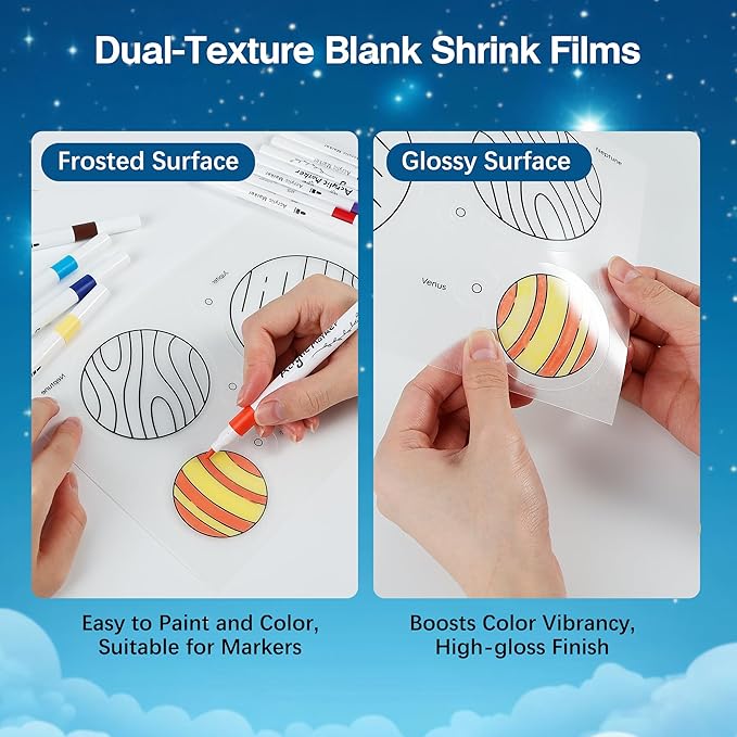 Auihiay 33Pcs Shrink Plastic Sheets Kit, 18 Pre-Cut Solar System Charms, 2 Blank Shrink Papers, 12 Color Markers, Planet-Themed KT Board for Window Hanging Decor