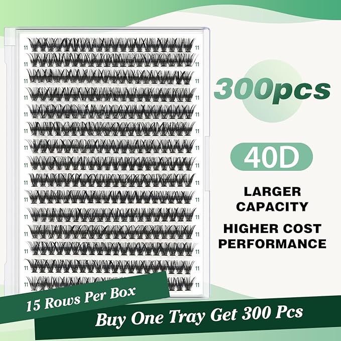 Lash Clusters 300pcs Individual Lashes 40D 0.07C Curl 11mm DIY Eyelash Extension KEYYOU Large Tray Volume Soft&Natural Cluster Lashes(40D-0.07C,11）
