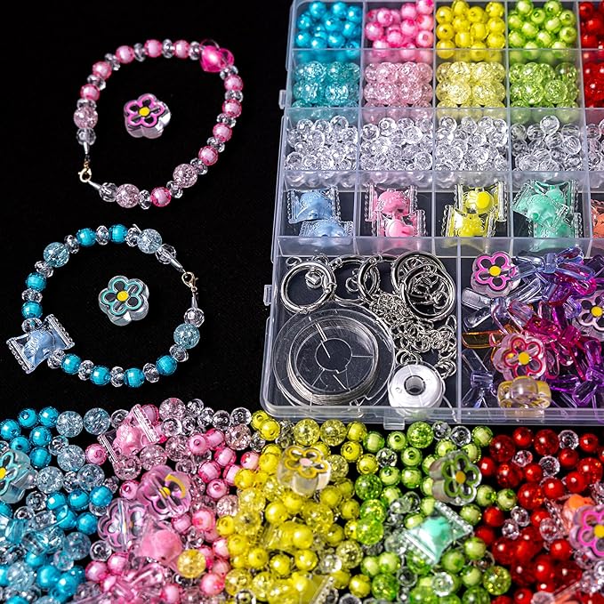nikkiGuo 330 PCS Crackle Acrylic Beads, Jewelry Making Kit Transparent Candy Bead – Butterfly Flower Suncatcher Faceted Bicone Beads in Mixed Sizes with Wire, Clasps for DIY Bracelets, Necklaces