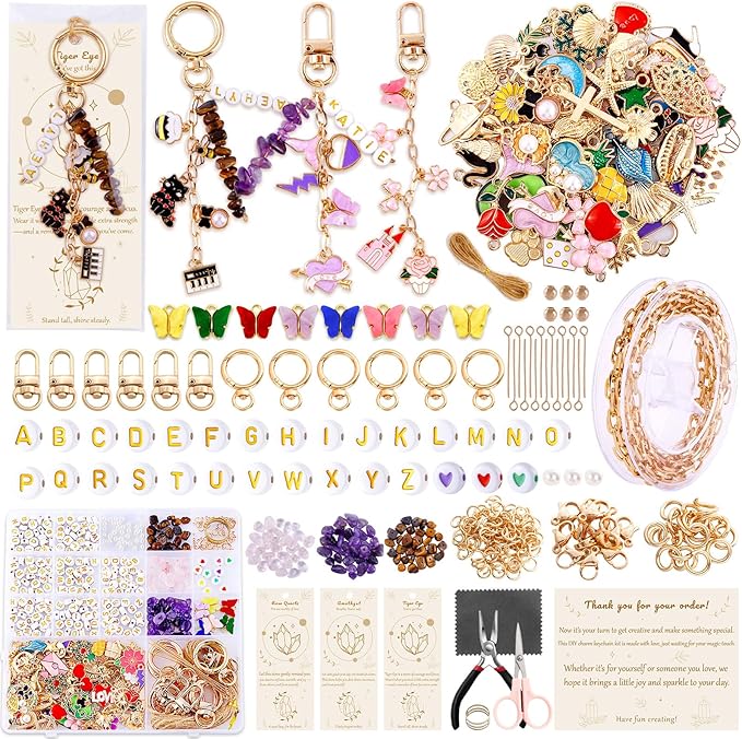 TOHONGADON 674 Pcs Keychain Making Kit, Bag Charm Kit with 3 Kinds of Crystal Stones, 322 Charms, 12 Keychain Clips, Key Ring Jewelry Plier, Extender Chain, Letter Beads for DIY Crafting