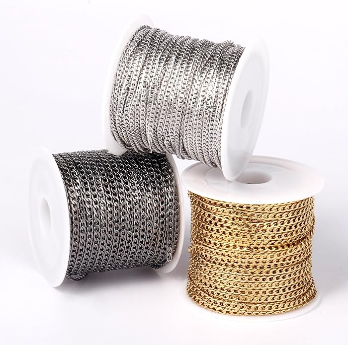 16.5 Ft Stainless Steel Curb Chains, 5mm 6mm 7mm 9mm Cuban Chain Roll Bulk for Jewelry Making