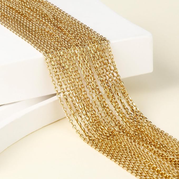 24PCS Gold Rolo Cable Necklaces for Jewelry Making 1.5MM 18K Gold PVD Plated Stainless Steel Cable Link Chains Bulk for DIY Necklace