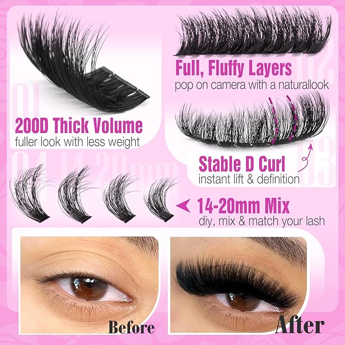 Yawamica Fluffy Lash Clusters Thick 200D Volume Eyelash Clusters 14-20mm Wispy Individual Lashes D Curly Cluster Eyelash Extensions 240pcs DIY Lash Extension for Beginners