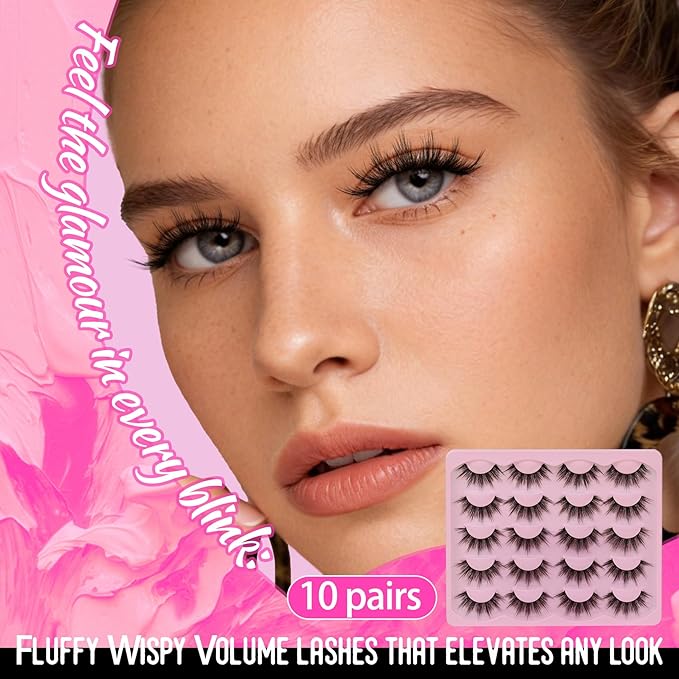 Veleasha Lashes Fluffy Eyelashes Wispy Fake Lashes 18mm Long Lashes C Curl Fake Eyelashes Soft False Lashes Lightweight False Eyelashes Dramatic Lash Strips 10 Pairs Pack (Firework)