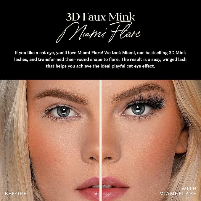 Lilly Lashes 3D Miami Flare Faux Mink Strip Eyelashes, False Eyelashes Dramatic Look, Reusable False Lashes, Fake Lashes Pack, Lash Strips with Luxury Silk Like Fibers, No Lash Glue Included