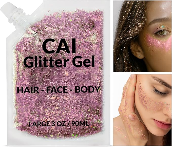 Face, Body & Hair Glitter Gel – Halloween Glitter for Kids and Women – 3 Oz Cosmetic-Grade Gel w/Moon & Stars for Festivals & Halloween Party, Easy Apply & Wash Off - Rose/Stardust Pink 2Pack
