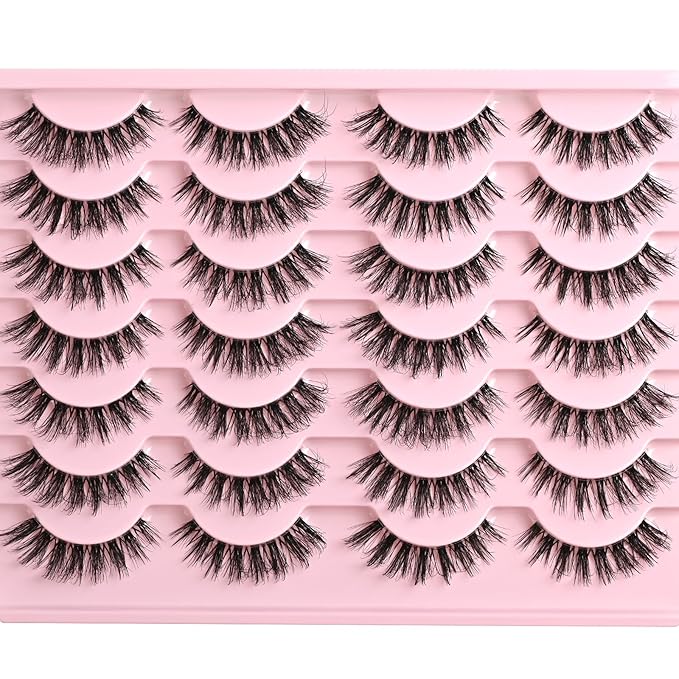 FARRED Cat Eye Lashes False Eyelashes Short Wispy Lash Strips Volume Eyelash 14 Pairs Cateye Medium Length False Clear Band Lashes Natural Looking Hybrid Clusters Full Strip Lashes (F29 | 7-14mm)