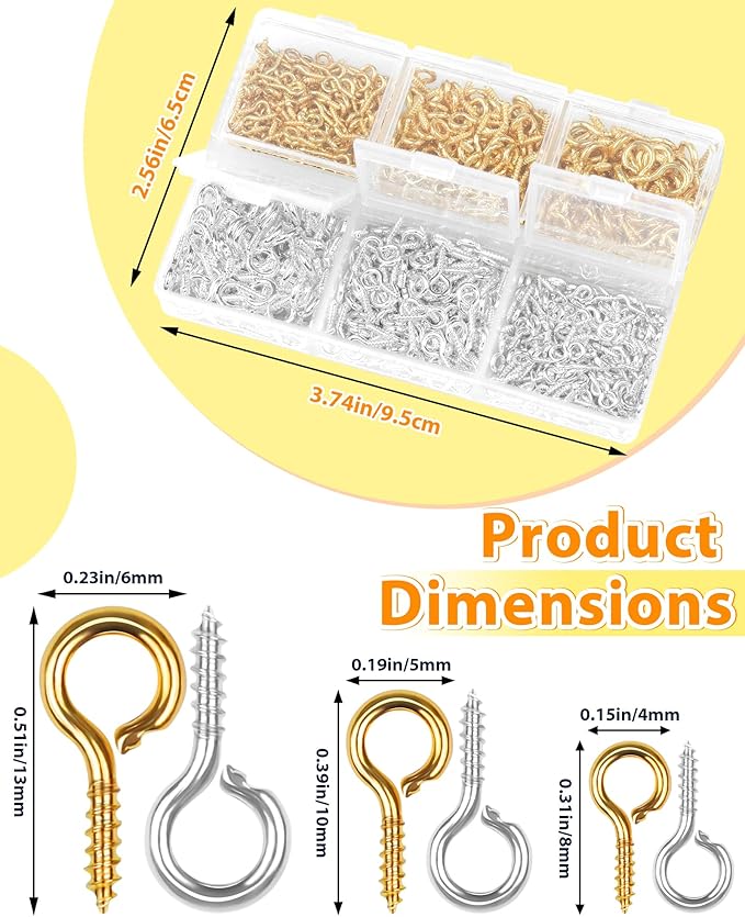 800pcs FIVEIZERO Gold & Silver Small Screw Eye Pins for Jewelry Making & DIY Crafts, Mini Eyelet Screws for Art Projects & Bead Charms, Tiny Eye Hooks in 3 Sizes for Crafts