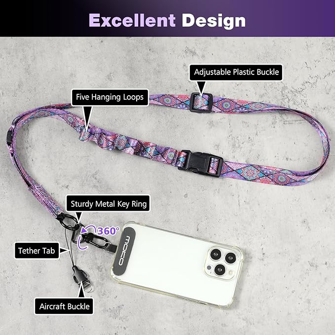 MoKo Boho Universal Phone Lanyard, Nylon Adjustable Cell Phone Crossbody Strap Detachable Women & Men Cellphone Lanyards Around the Neck with Patches for iPhone, Most Smartphones, Boho Colorful