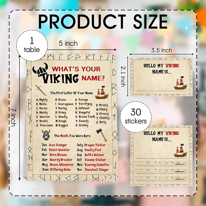 What's Your Viking Name Game,Fun Birthday Party Games for Kids and Adults, Medieval Party Decorations, Norse Adventure Theme,1 Viking Party Game Sign and 30 Stickers,5x7 Inch