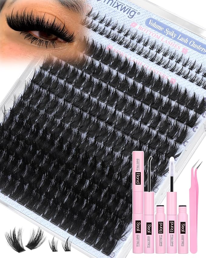 Wispy Lash Clusters Kit Spikes Volume Lash Extension Kit Spiky Eyelash Clusters with Bottom Lashes Thick Individual Lashes D Curly 6-22MM Cluster Lashes Bond and Seal Tweezers by Lvmixwig