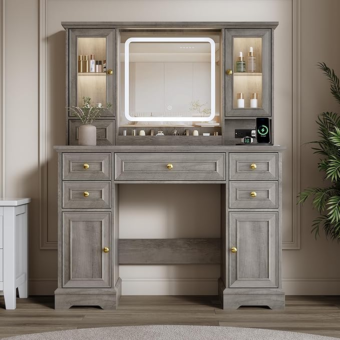 Vanity Desk with Mirror & Lights, Makeup Vanity with Power Outlet & USB Ports, Farmhouse Dressing Table, 6 Drawers & 4 Storage Cabinets, RGB Cabinet Lighting, 3-Color Dimmable Mirror