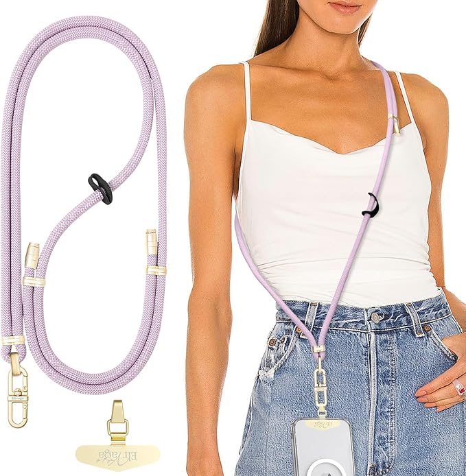 Adjustable Anti-Theft Phone Lanyard Neck & Crossbody Strap with 0.2mm Metal Tab & Comfort-Fit 8mm Rope (Light Purple)