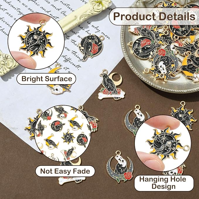 Stiesy 30 Pcs 6 Styles Gothic Black Crow Charms with Skull Sun Moon Enamel Raven with Red Rose Dangle Charm Pendant Bulk for Jewelry Making DIY Bracelet Crafting