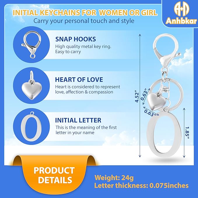 A-Z Heart Initial Letter Keychain, Stainless Steel Alphabet Charm for Handbags, Gift for Women and Girls