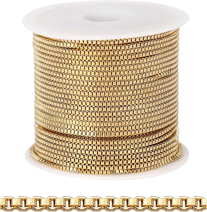 33FT Gold Box Chain for Jewelry Making 1.5MM Gold PVD Plated Staianless Steel Square Box Chain Roll Bulk for DIY Crafts Jewelry Making