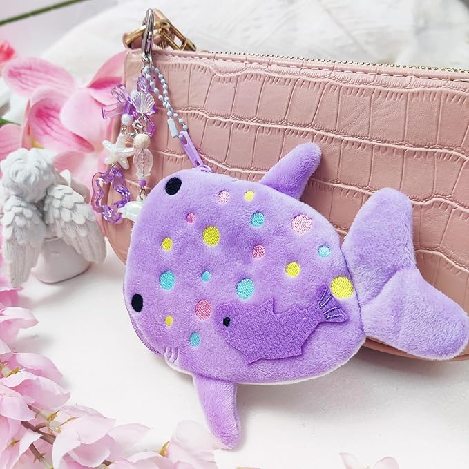 Adorable Whale Shark Coin Purse Keychain,Soft Plush Zipper Coin Purse,Handmade Purse Bag Charm Gift for Women (Purple)
