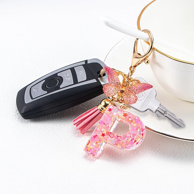 Initial letter Keychains for Women Girls Tassel Butterfly Cute Keychain for Wallet Backpack charm