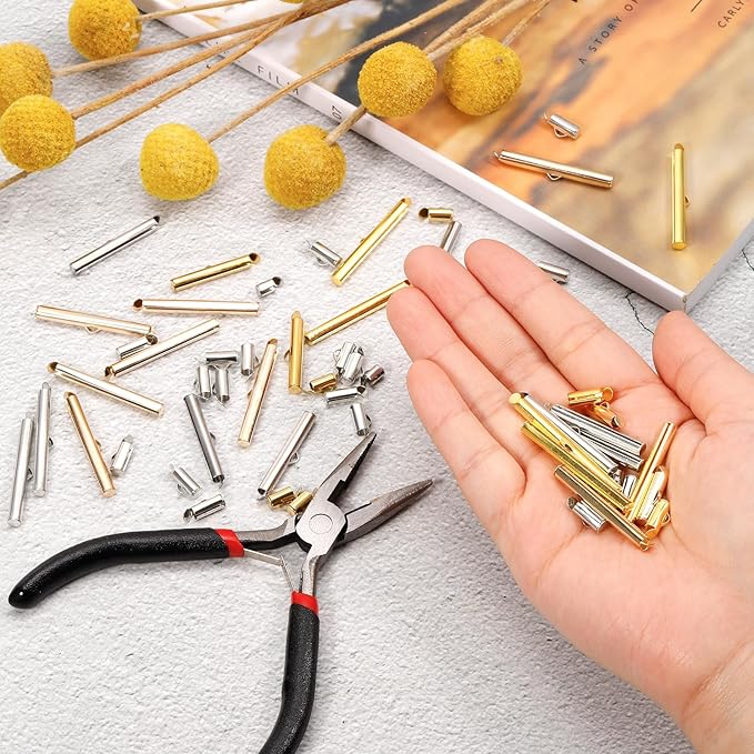uxcell 100Pcs Slide on End Clasps, 16mm Tube Ball Bead Slider Crimp Ends for Multi-Strand DIY Craft Making, Silver Tone
