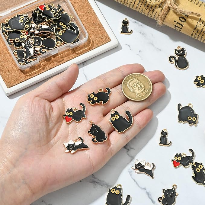 Stiesy 40 Pcs 8 Styles Enamel Black Cat Charms for Jewelry Making Kawaii Animal Kitten with Red Heart Dangle Charms Pendant Bulk for Crafting DIY Necklace Bracelet Earring Presents