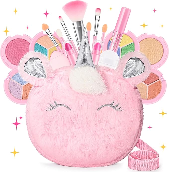 Kids Real Makeup Kit for Girls 3-10 Years Old : Washable Non Toxic Make Up Toys for Toddler Valentines Day Gifts - 17Pcs Vanity Sets with Unicorn Purse for Kid Ages 3 4 5 6 7 8 Birthday Gift - Pink