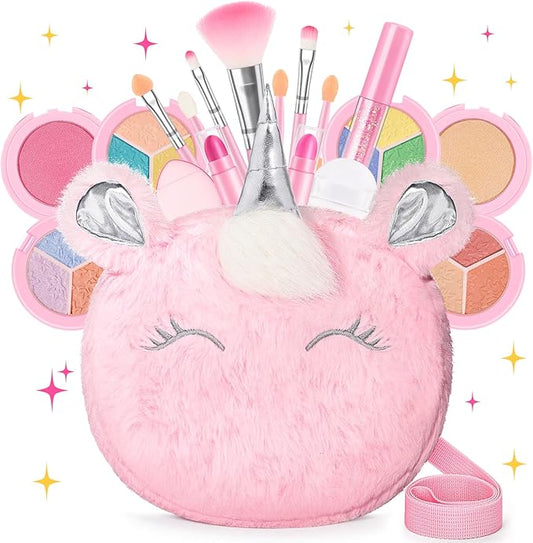 Kids Real Makeup Kit for Girls 3-10 Years Old : Washable Non Toxic Make Up Toys for Toddler Valentines Day Gifts - 17Pcs Vanity Sets with Unicorn Purse for Kid Ages 3 4 5 6 7 8 Birthday Gift - Pink