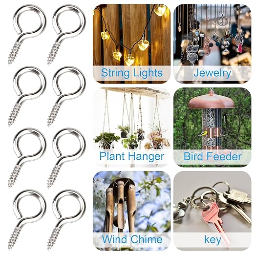Aovchei Eye Screws, 50Pcs 1 Inch Long, 304 Stainless Steel Screw Hooks, Self Tapping Eye Bolts, Indoor & Outdoor for Hanging Artwork