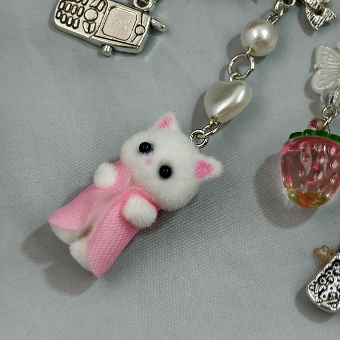 Cute Cat Keychain, Y2K Heart Bow Pendant, Kawaii Cat Bag Charm