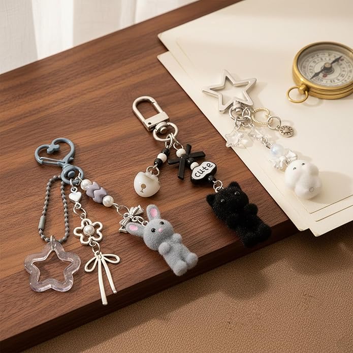 3 Pcs Aesthetic Y2K Keychain Accessories Bunny Dog Cat Keychain Pendant Star bow baseball pendant Bag Charms Backpack Handbag Charms Christmas Gifts