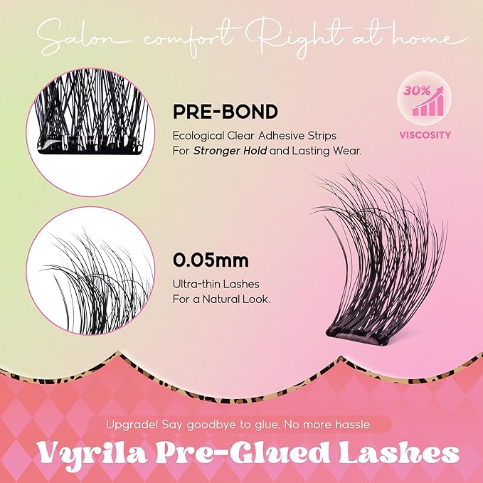 VYRILA Self Adhesive Lash Clusters Kit, D Curl Wispy Pre Glued Lash Extensions with Tweezers, Reusable 0.1mm Ultra Thin Band Natural Eyelashes, Easy Apply Eyelash Clusters for Beginners(PG-ZE04)